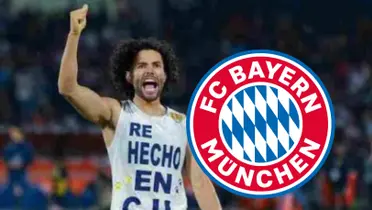 César Huerta con playera de Pumas y escudo del Bayern Múnich