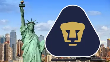 Ciudad de Nueva York, estatua de la libertad con escudo de Pumas