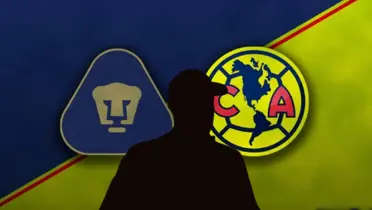 Escudos de Pumas y América con silueta de Efraín Juárez