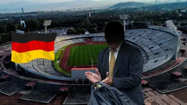 Estadio de CU con bandera de Alemania y silueta de José Luis Trejo