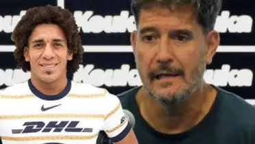 Adalberto Carrasquilla en su presentación con Pumas, a la derecha, Lema en conferencia (Fuente: Pumas y Atlas)