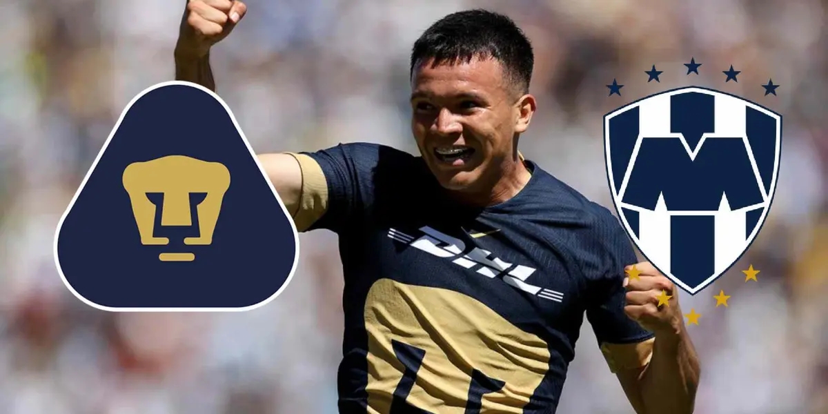 Alí Ávila celebrando un gol con Pumas y escudo de Rayados