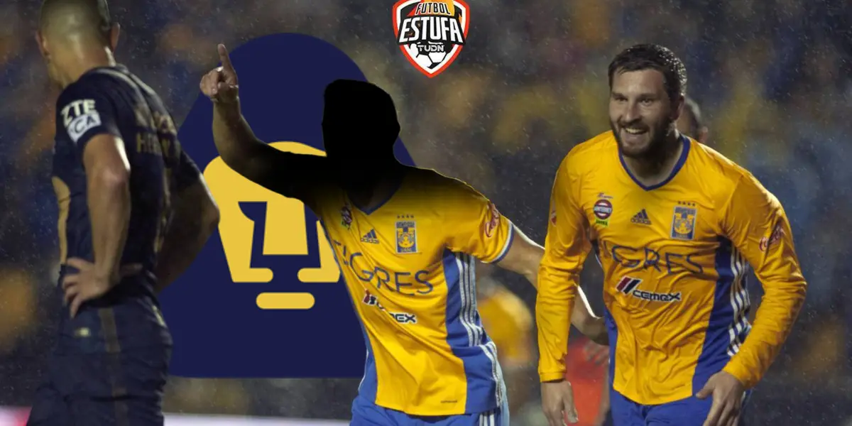 Andy Delort y André Pierre Gignac con Tigres y escudo de Pumas