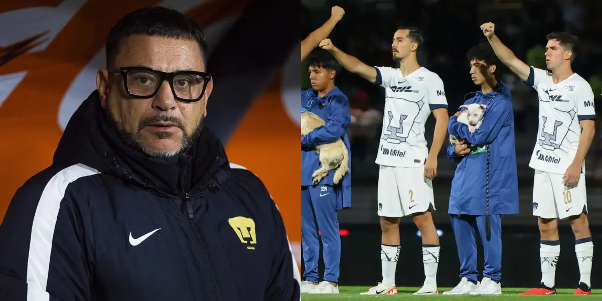 Antonio Mohamed en el banquillo de Pumas, a la derecha, saludo de la gente de Pumas en el himno (Fuente: Mexsports)