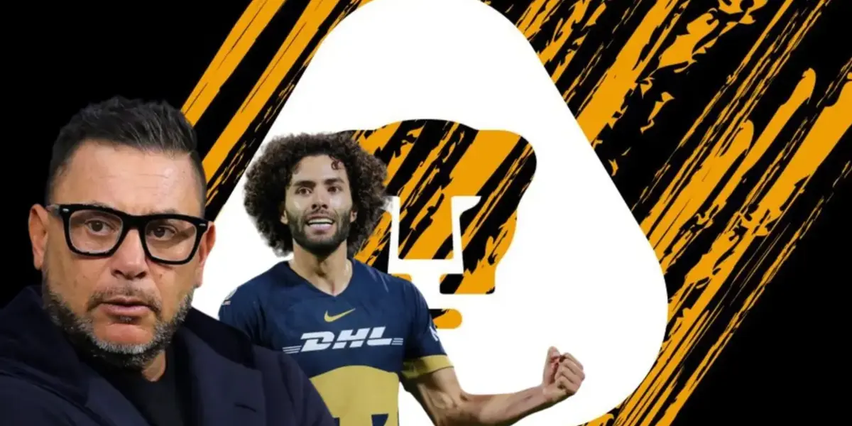 Antonio Mohamed junto con César Huerta, con el fondo del escudo de Pumas (Fuente: Mexsports))