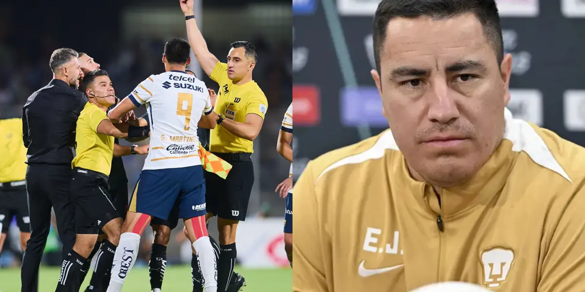 Árbitro enfrenta protesta de Guillermo Martínez, a la derecha, Juárez en conferencia de prensa (Fuente: Mexsports y Concacaf)