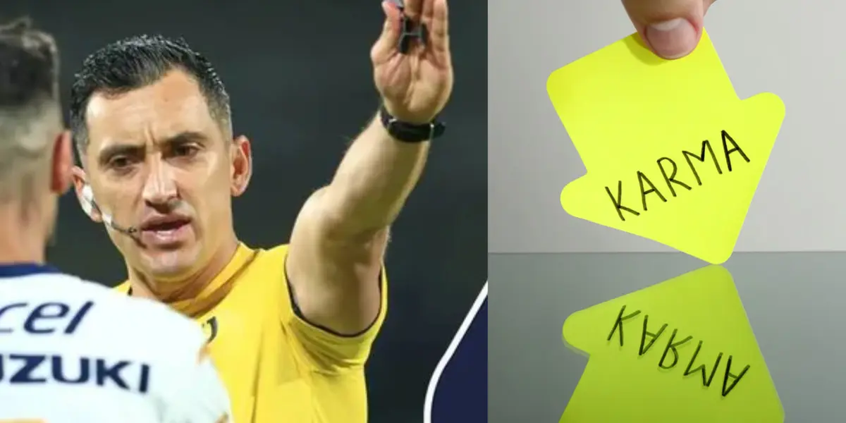 Árbitro pita penal en contra de Pumas, a la derecha, cartel con una frase (Fuente: Mexsports y Mente Maravillosa)