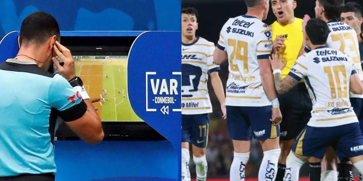 Árbitro se acerca al VAR, a la derecha, jugadores de Pumas reclaman el penal (Fuente: V+ e Imago)