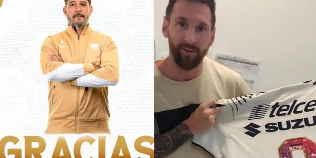 Arte creado de Gustavo Lema y su salida, a la derecha, la foto de Messi con la de Pumas (Fuente. Fan Puma e IG Juan Dinenno)