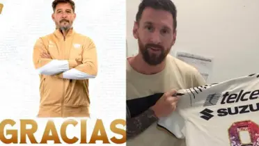 Arte creado de Gustavo Lema y su salida, a la derecha, la foto de Messi con la de Pumas (Fuente. Fan Puma e IG Juan Dinenno)