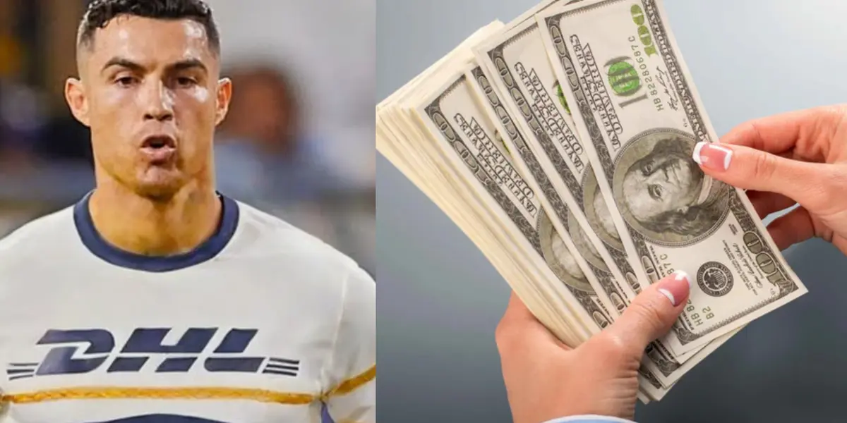 Arte de Cristiano Ronaldo con la de Pumas, a la derecha se cuenta dinero (Fuente: Pumas fan y Ribao)