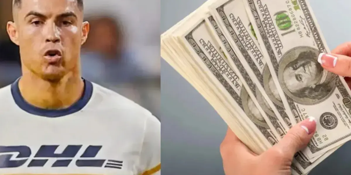 Arte de Cristiano Ronaldo con la playera de Pumas, a la derecha, mujer cuenta dinero (Fuente: Fan Pumas y El Economista)