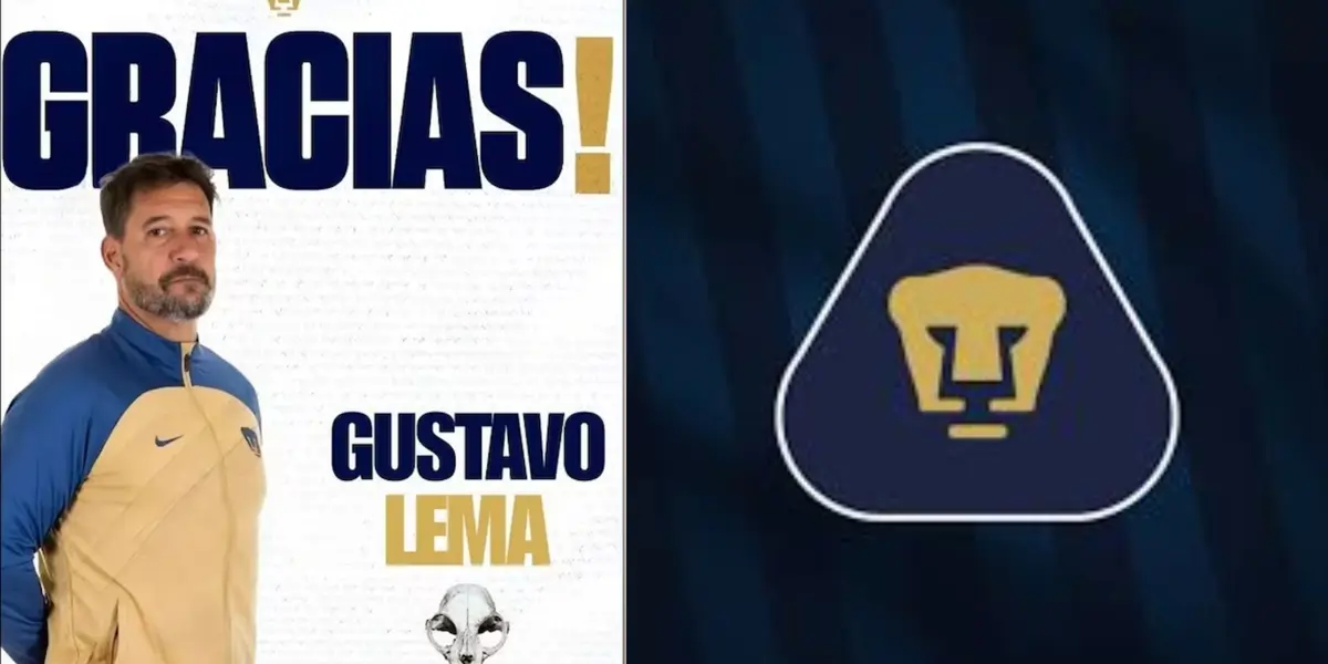Arte simulando la despedida de Gustavo Lema, a la derecha, escudo de Pumas (Fuente: Pumas y El Universal)