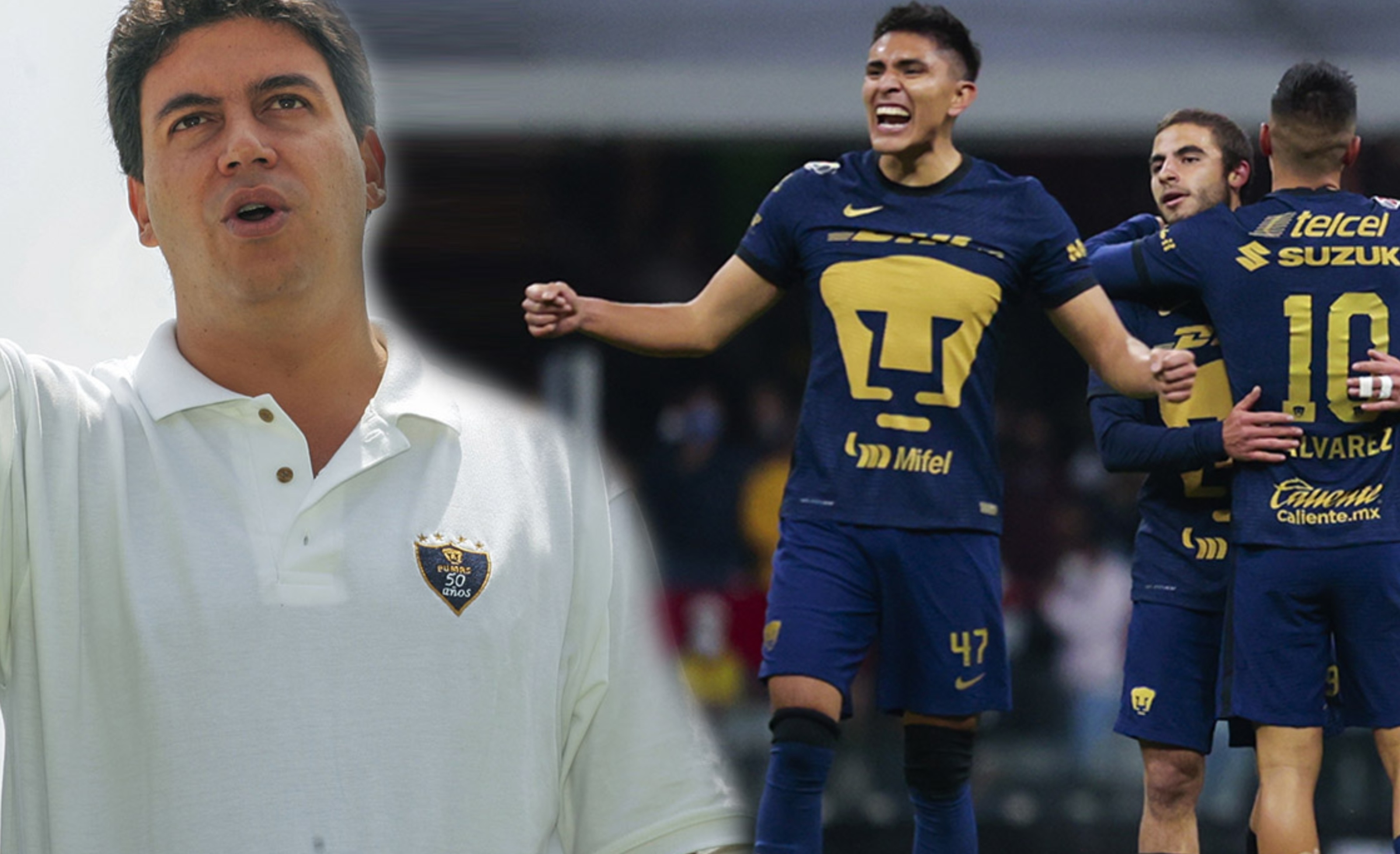 Arturo Elías Ayub en Ciudad Universitaria, a la derecha, jugador de Pumas celebra (Fuente: Medio Tiempo)