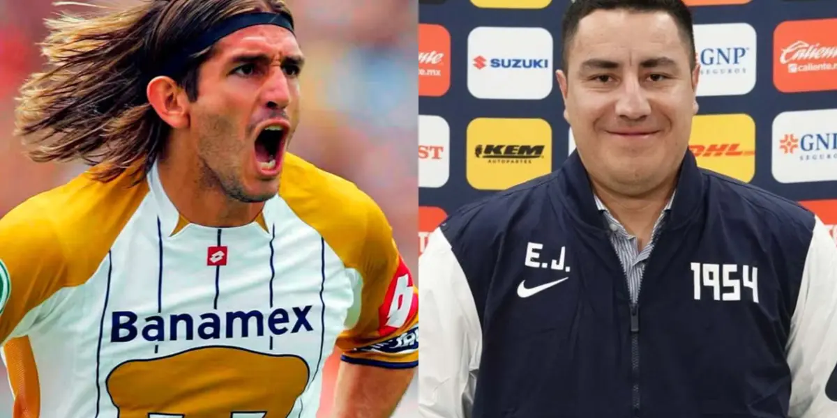 Bruno Marioni festeja gol con Pumas, a la derecha Efraín Juárez presentado en Pumas (Fuente: Mexsports y Pumas)