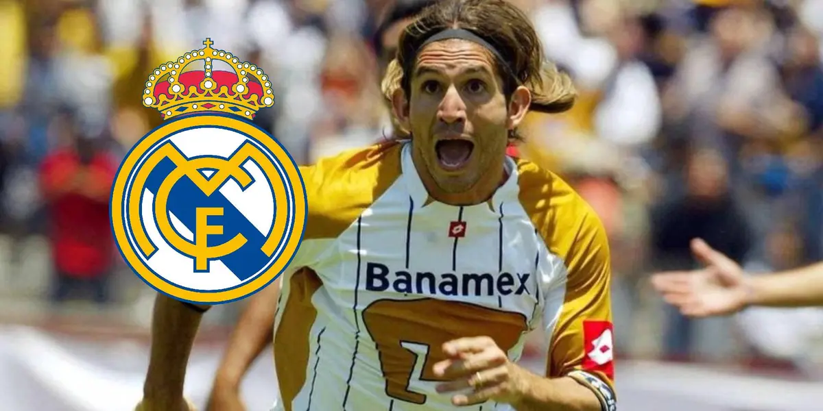 Bruno Marioni jugando con Pumas y escudo del Real Madrid