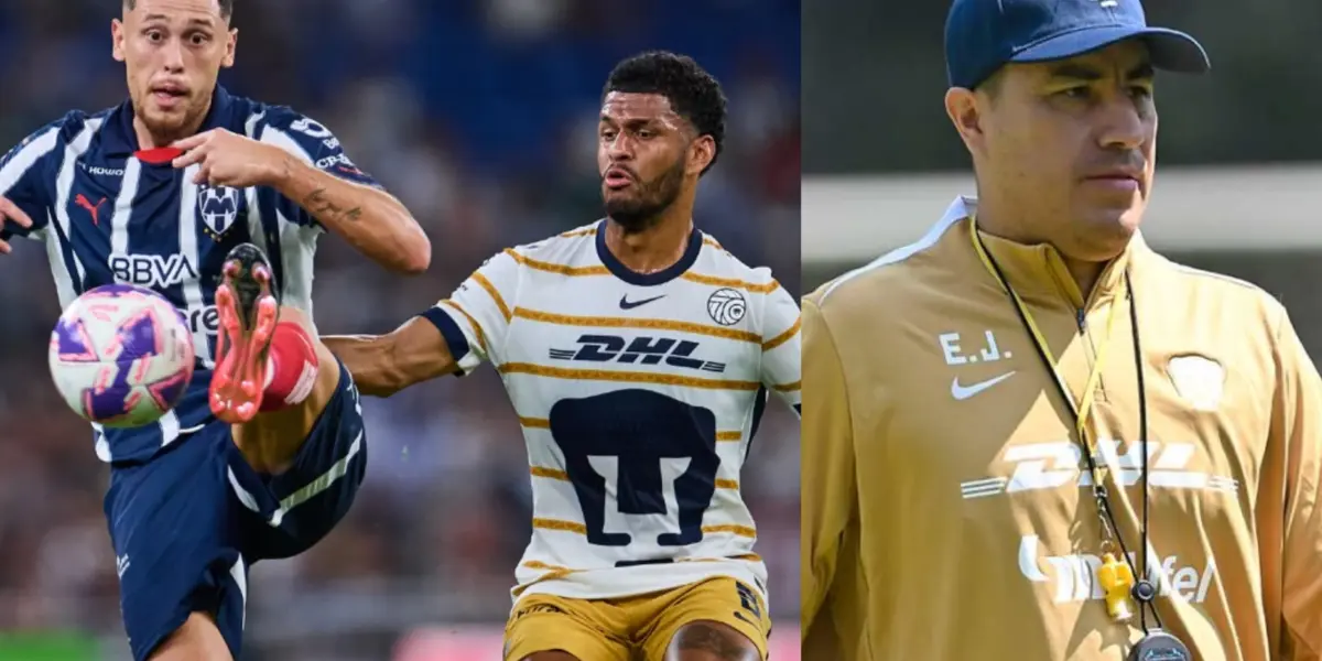 Caicedo enfrenta la marca de un jugador de Rayados, a la derecha, Juárez (Fuente: Mexsports y Pumas)