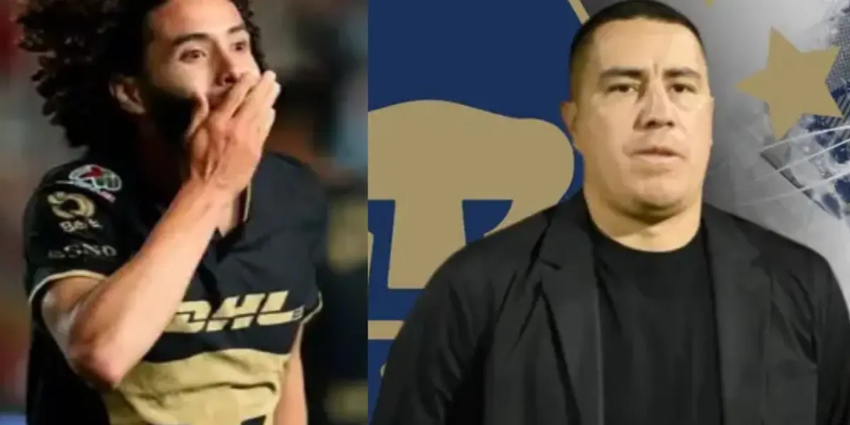César Huerta celebra gol con Pumas, a la derecha, Juárez presentado en Universidad (Fuente: Mexsports y Nación Fútbol)