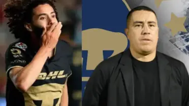 César Huerta celebra gol con Pumas, a la derecha, Juárez presentado en Universidad (Fuente: Mexsports y Nación Fútbol)