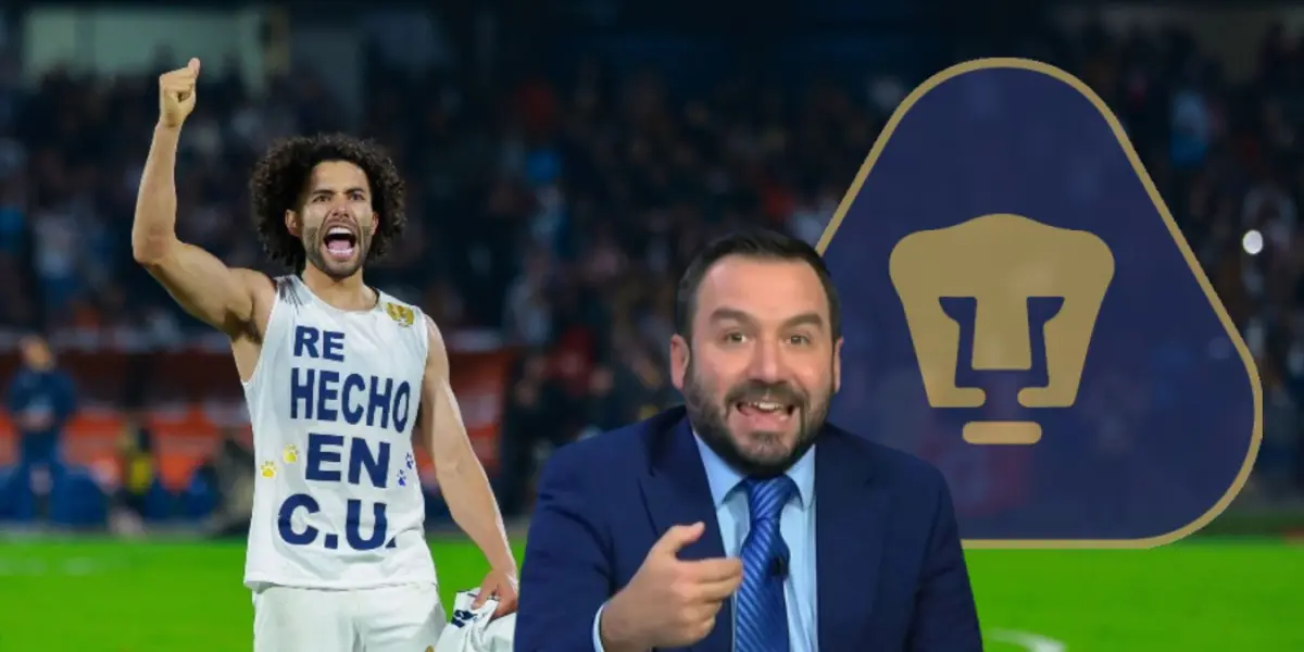 César Huerta celebrando un gol ante Chivas, mostrando la playera de "Re Hecho en C.U" en el Apertura 2023