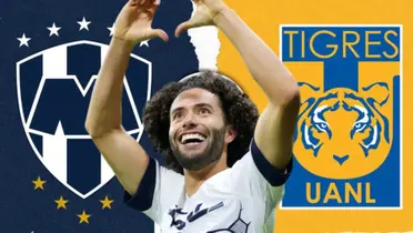 César Huerta con escudo de Pumas y Tigres