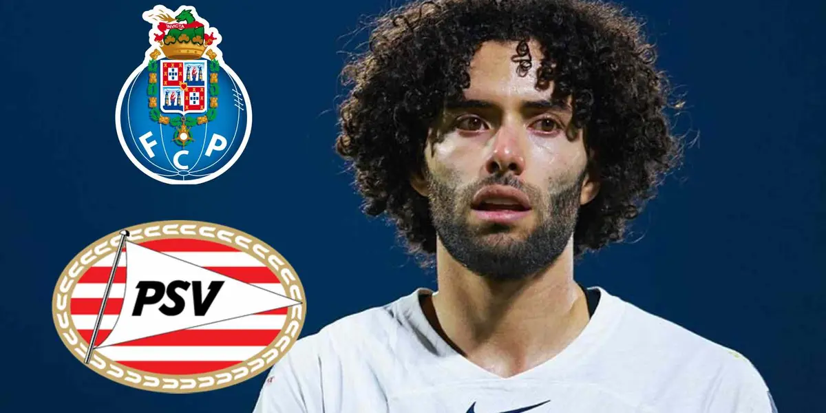César Huerta con escudos de PSV y Porto