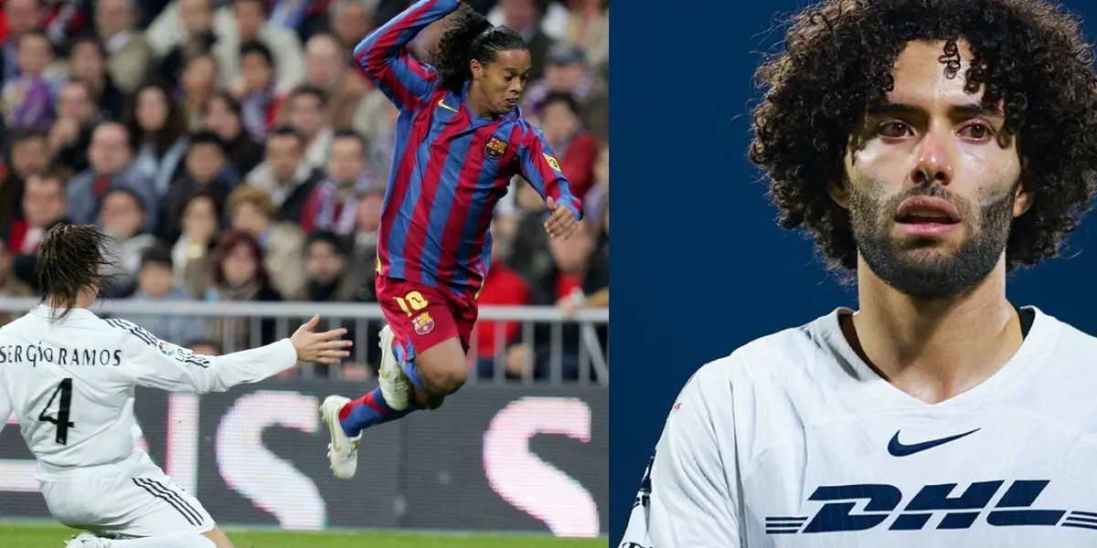 César Huerta con la playera de Pumas, a la izquierda Ronaldinho se lleva de Ramos (Fuente: Marca y Mexsports)