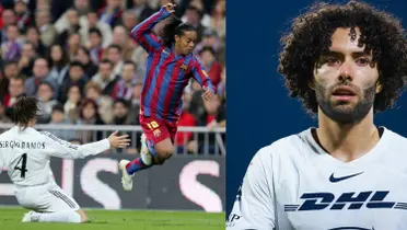 César Huerta con la playera de Pumas, a la izquierda Ronaldinho se lleva de Ramos (Fuente: Marca y Mexsports)