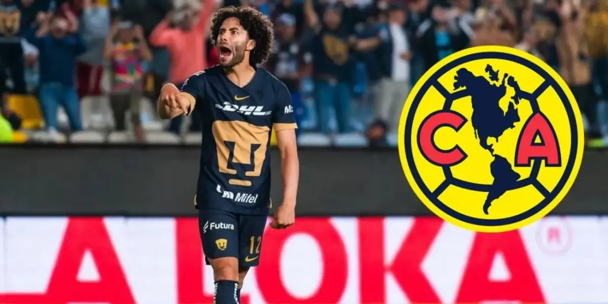 Cesar Huerta con los Pumas y escudo del América