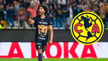 Cesar Huerta con los Pumas y escudo del América
