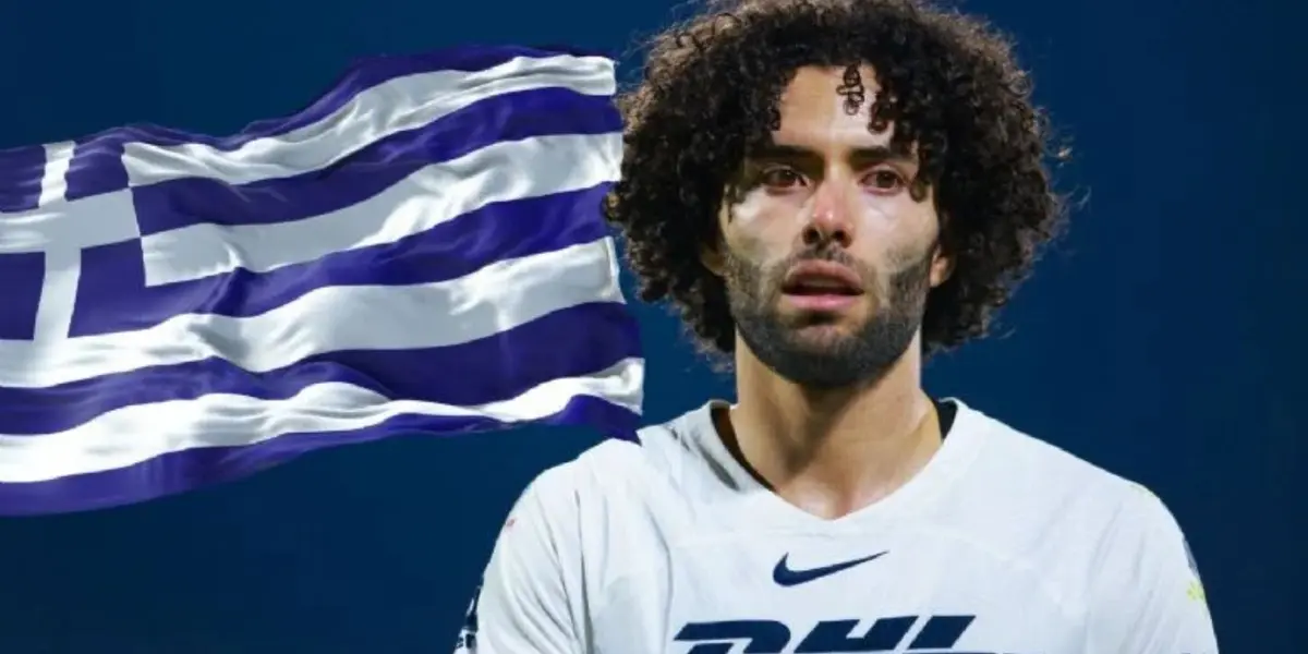 César Huerta con Pumas y bandera de Grecia