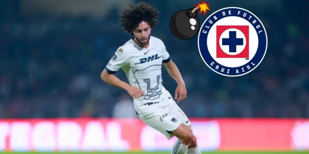 César Huerta con Pumas y escudo de Cruz Azul y bomba