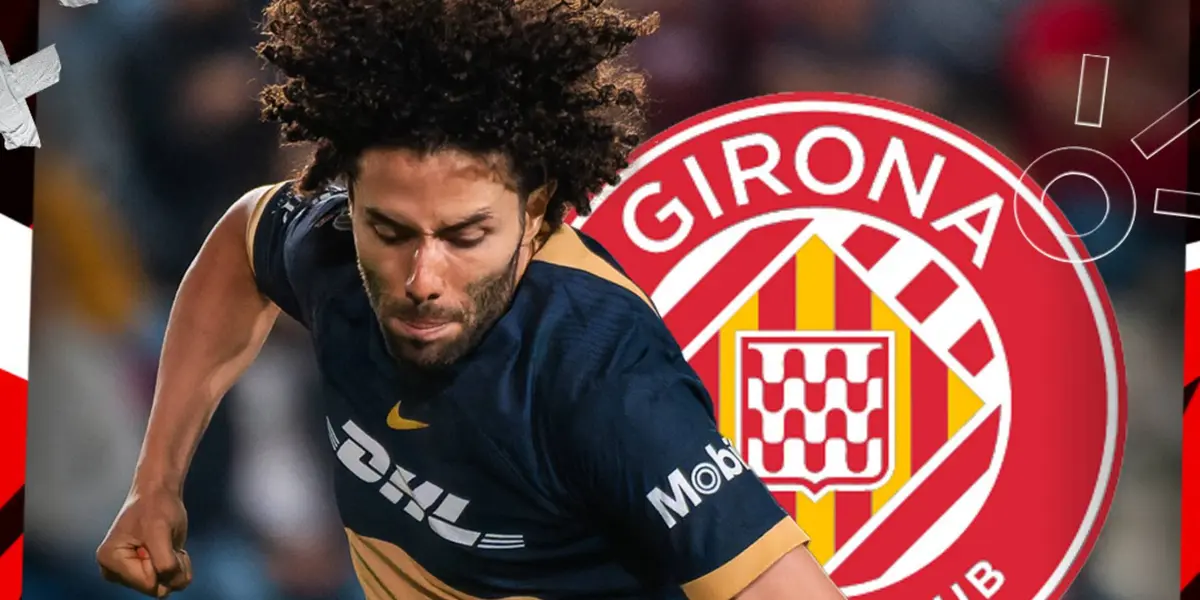 César Huerta con Pumas y Escudo de Girona