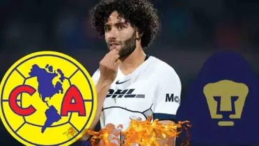 César Huerta con Pumas y escudo del América