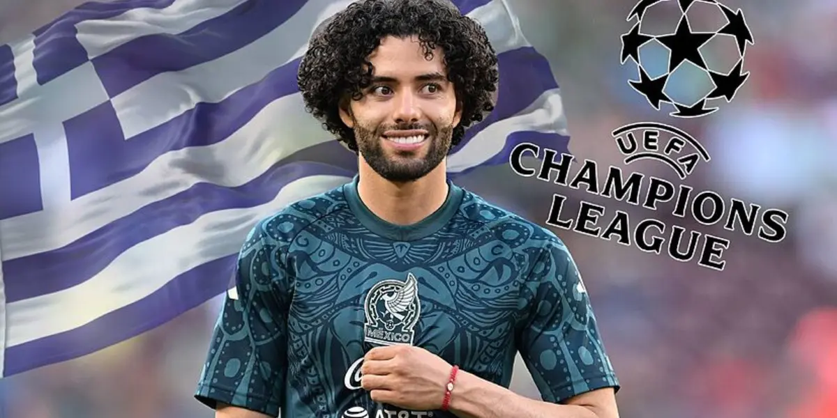 César Huerta con Selección Mexicana y bandera de Grecia y Champions League