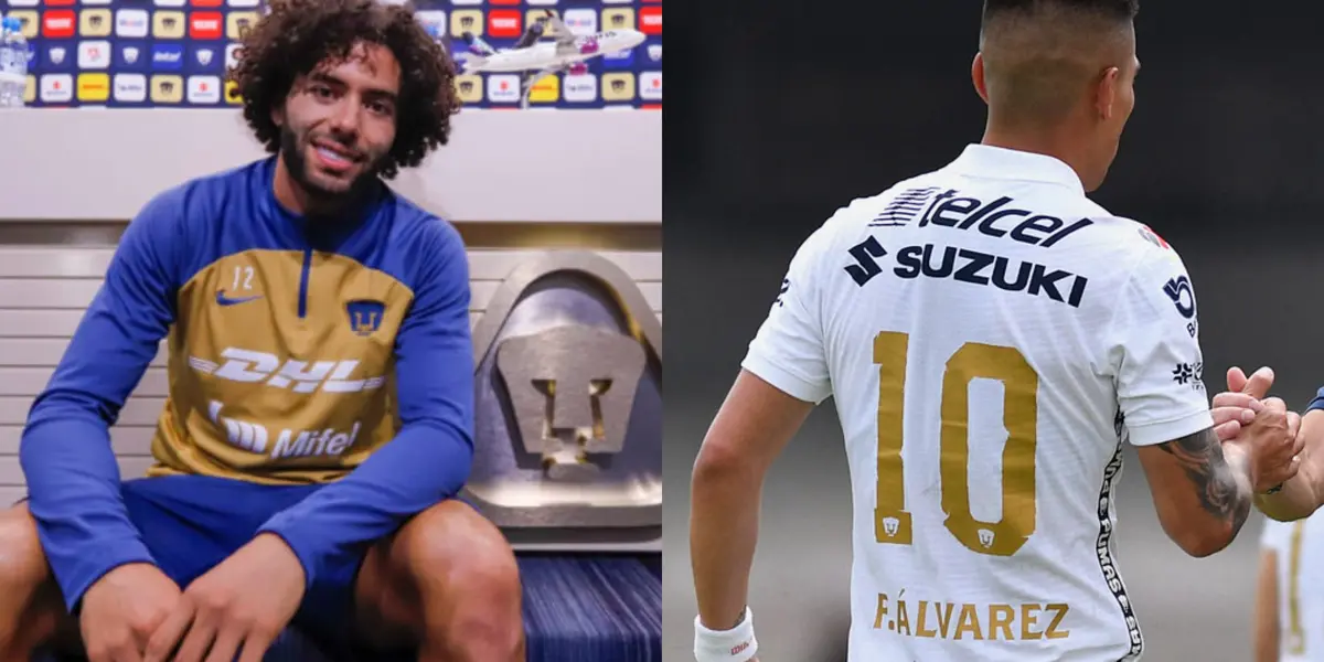 César Huerta en la sala de prensa de Pumas, a la derecha un jugador con la 10 (Fuente: Mexsports y Pumas)