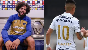 César Huerta en la sala de prensa de Pumas, a la derecha un jugador con la 10 (Fuente: Mexsports y Pumas)