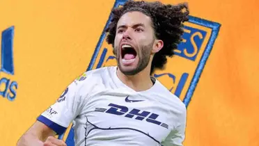 César Huerta en Pumas con el escudo de Tigres