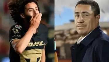 César Huerta festeja gol con Pumas, a la derecha, Juárez dirige en Colombia (Fuente: Mexsports y RCN)