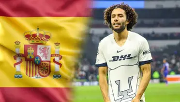 César Huerta jugando con Pumas y bandera de España