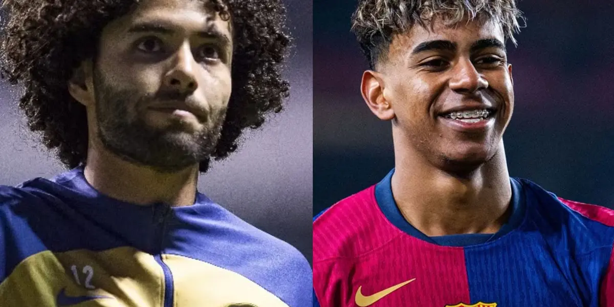 César Huerta saluda a la tribuna, a la derecha, Lamal festeja gol con Barcelona (Fuente: Mexsports y AFP)