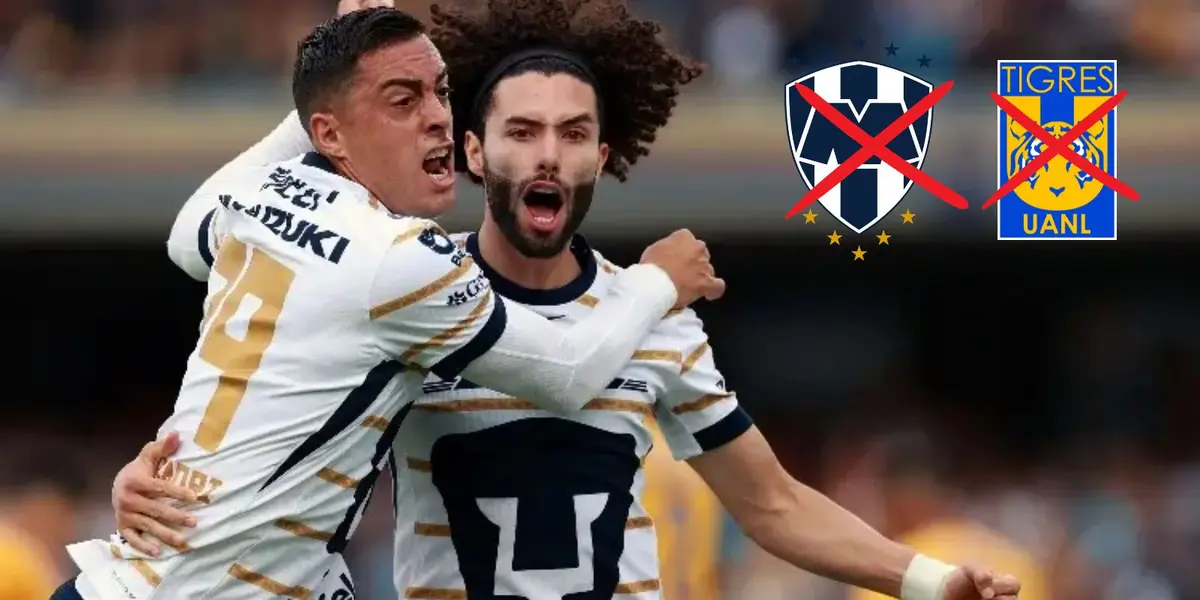 Chino con Funes Mori y escudos de Tigres y Monterrey/FOTO: EFE