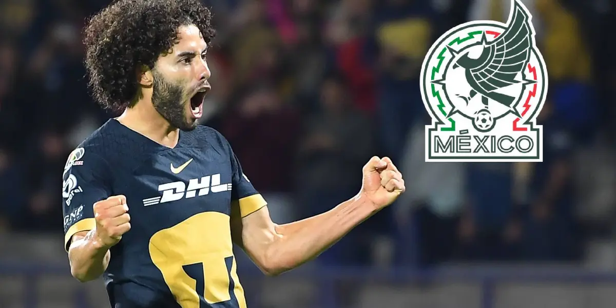 Chino Huerta con la Selección Mexicana y escudo de Pumas