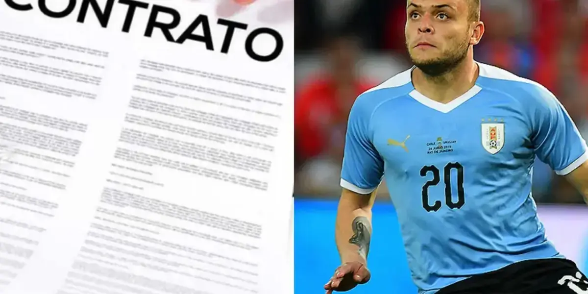 Contrato de trabajo a la izquierda, a la derecha, Rodríguez juega eliminatorias, con Uruguay (Fuente: Legal y Tenfied)