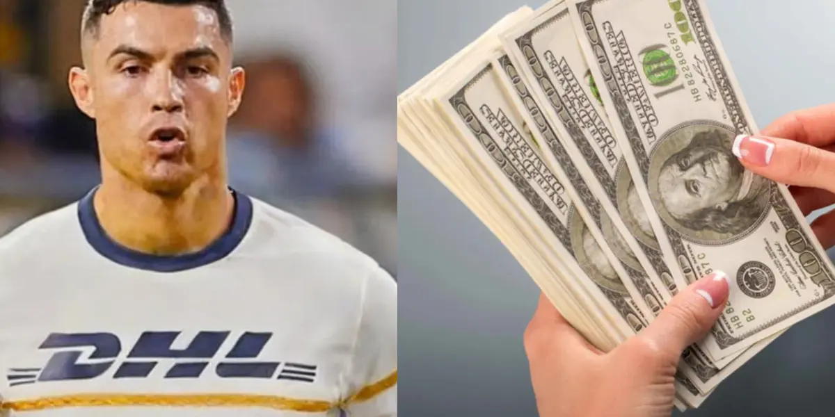 Cristiano Ronaldo con la playera de Pumas, a la derecha, hombre cuenta dinero (Fuente: Fan Puma y El Economista)