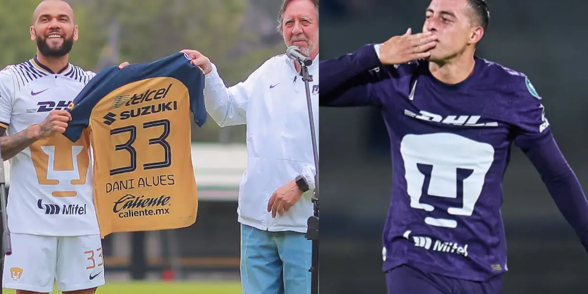 Dani Alves presentado en Cantera, a la derecha, Rogelio Funes Mori hace gol (Fuente: Pumas y Mexsports)