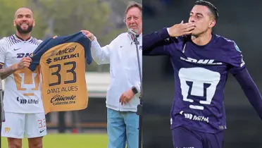 Dani Alves presentado en Cantera, a la derecha, Rogelio Funes Mori hace gol (Fuente: Pumas y Mexsports)