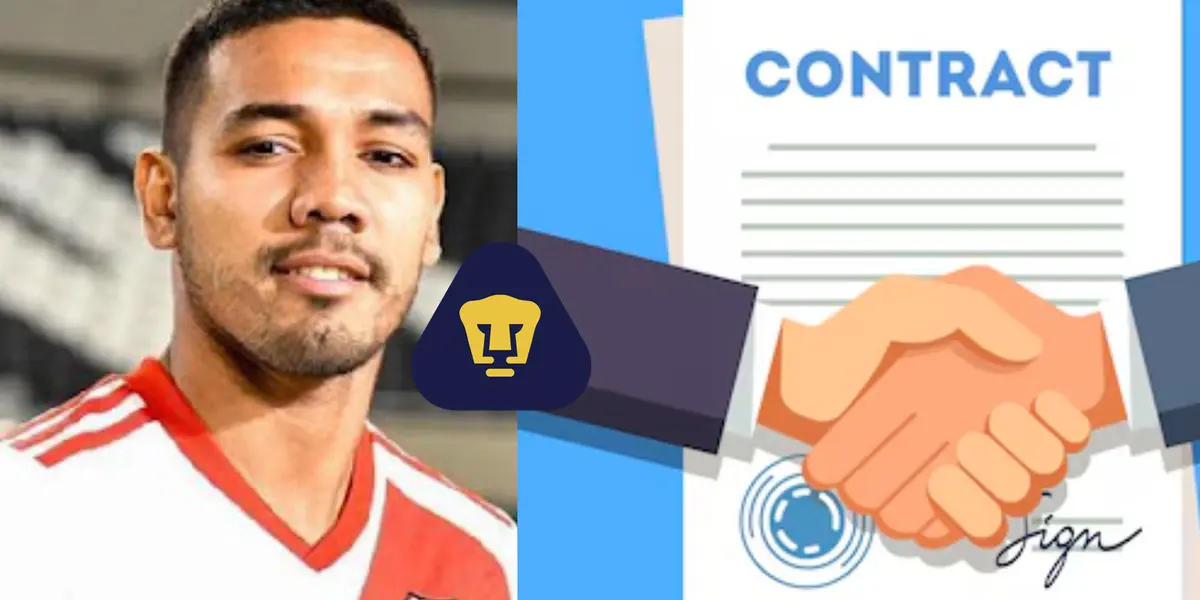 David Martínez con escudo de Pumas y contrato