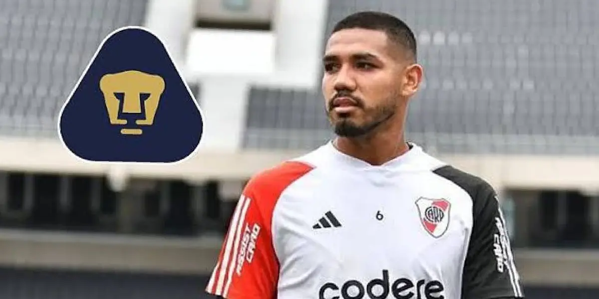 David Martínez con River Plate y escudo de Pumas