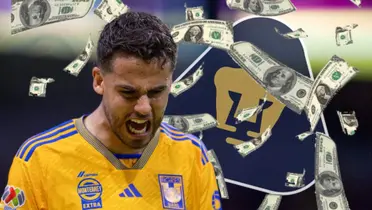 Diego Reyes con escudo de Pumas y billetes volando